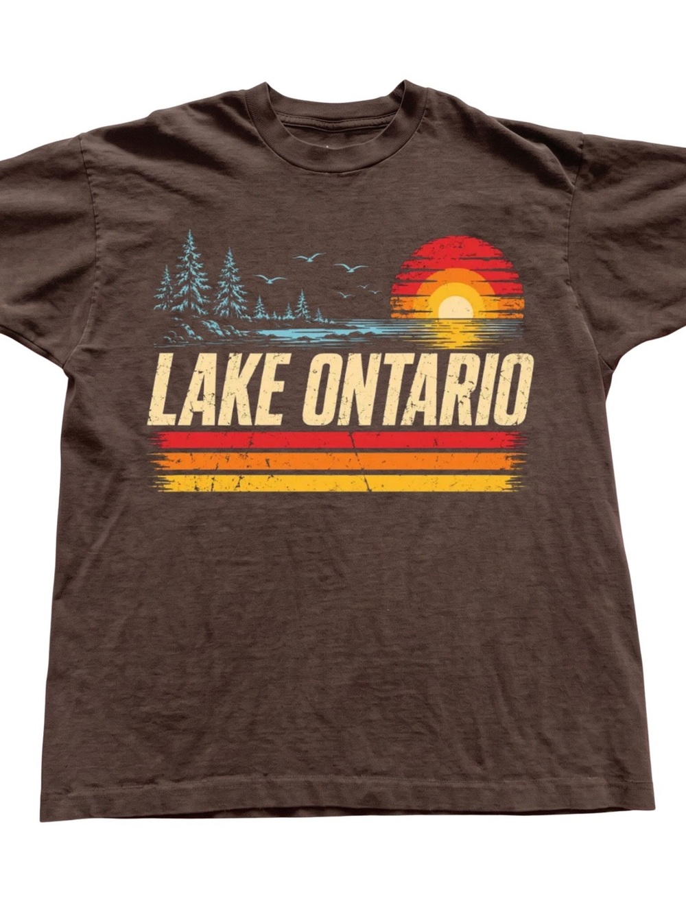 Brown "Lake Ontario" Graphic Tee with Red, Yellow & Cream Sunset
